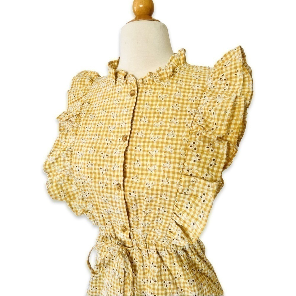 Storia Gingham Yellow Prairie Dress eyelet ruffle - Picture 3 of 9